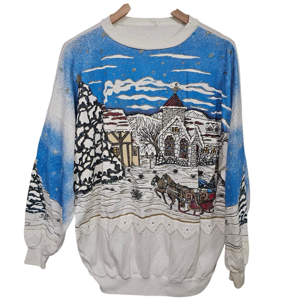 Vintage Winter Sweater Women 2X White Christmas Tree Holiday Horse Grandmacore